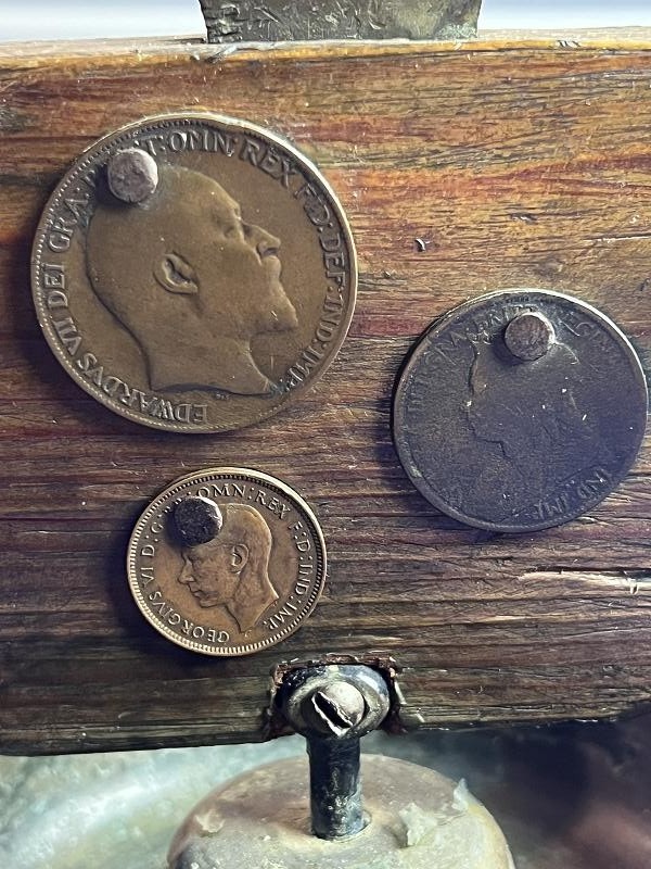 WW2 Trench Art Artillery Base Ashtray with German and French Coins