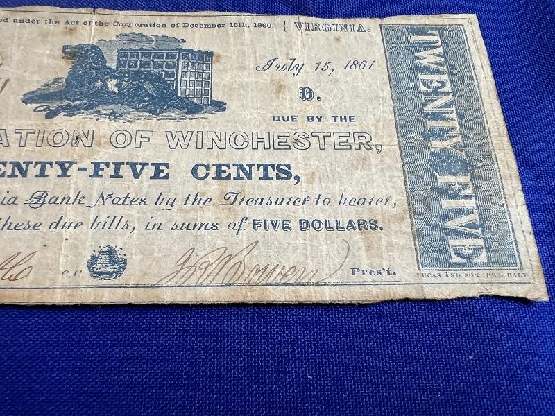 1861 CORPORATION OF WINCHESTER VA 25 CENT NOTE