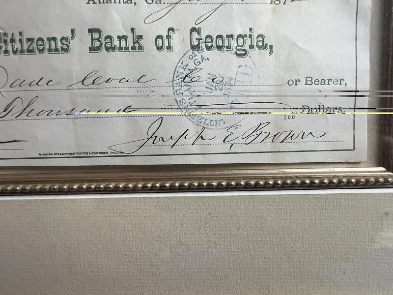 Framed Joseph E Brown Signed Check Georgia Governor During the Civil War