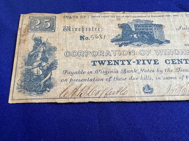 1861 CORPORATION OF WINCHESTER VA 25 CENT NOTE