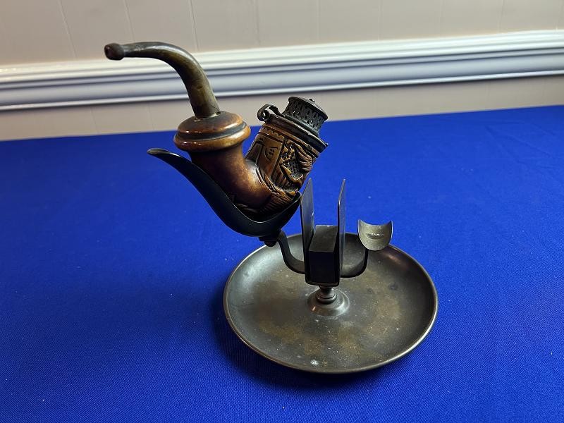 Carved Dated 1861 Cavalry Horse Civil War Pipe with Brass Smoking Stand