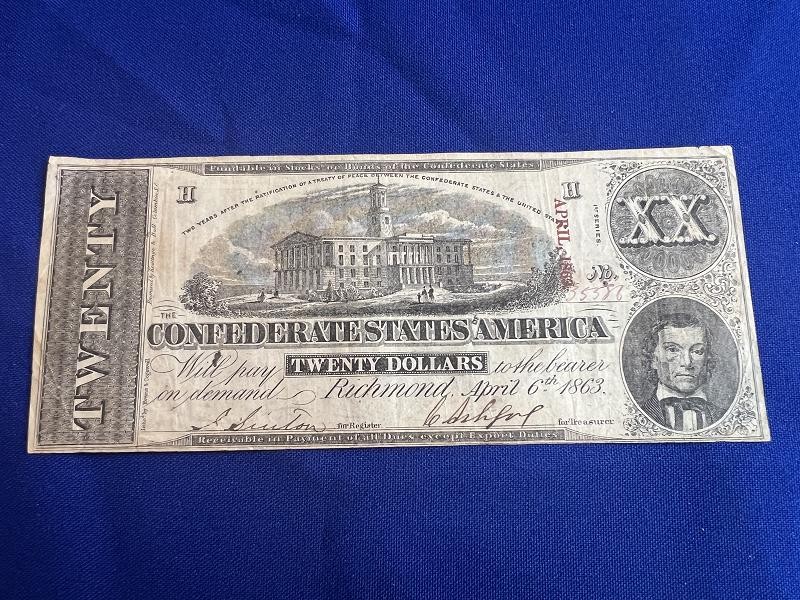 Exc Confederate $20.00 Note T58 April 6th 1863