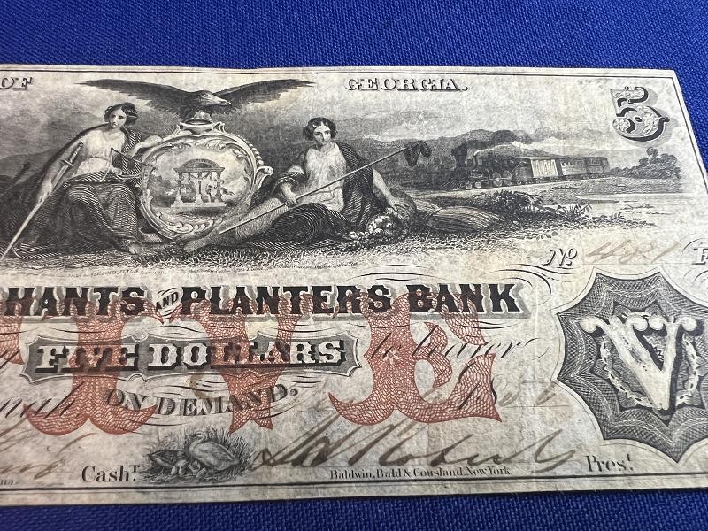 1856 $5 Dollar Merchants and Planters Bank Note Savannah, GEORGIA Currency