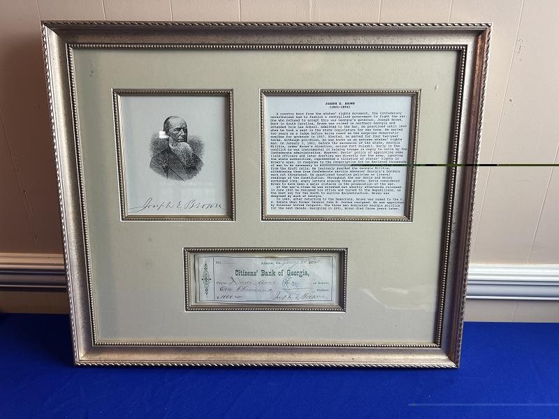 Framed Joseph E Brown Signed Check Georgia Governor During the Civil War