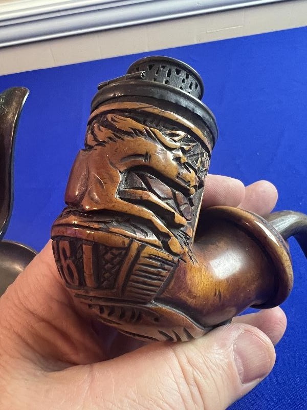 Carved Dated 1861 Cavalry Horse Civil War Pipe with Brass Smoking Stand