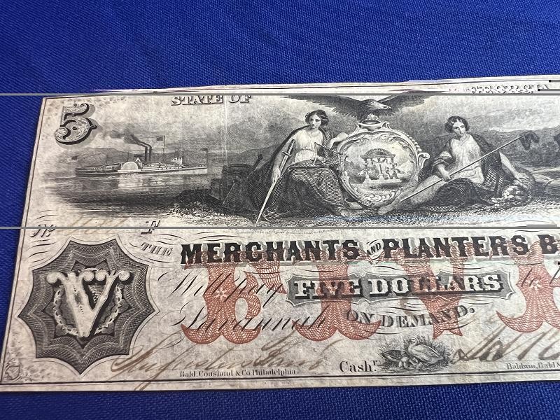 1856 $5 Dollar Merchants and Planters Bank Note Savannah, GEORGIA Currency