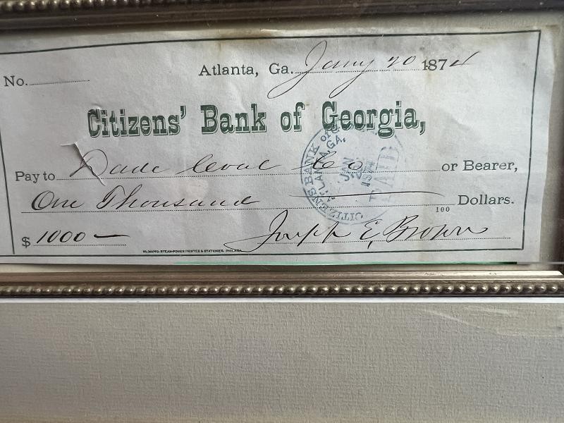 Framed Joseph E Brown Signed Check Georgia Governor During the Civil War