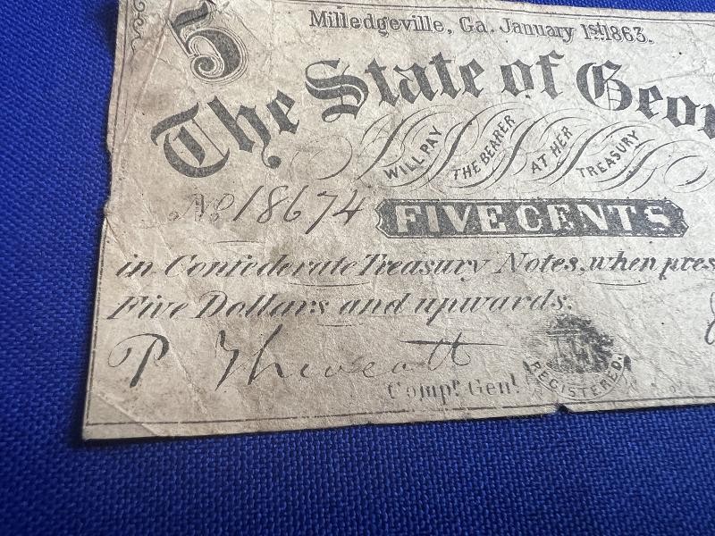 1863 5 CENT STATE OF GEORGIA OBSOLETE NOTE MILLEDGEVILLE GA CURRENCY