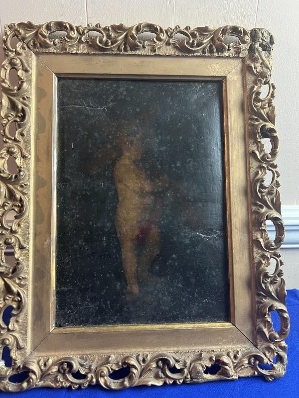 ANTIQUE ORIGINAL OIL PAINTING ON LEATHER ANGEL CARRYING CROSS WITH SCARF
