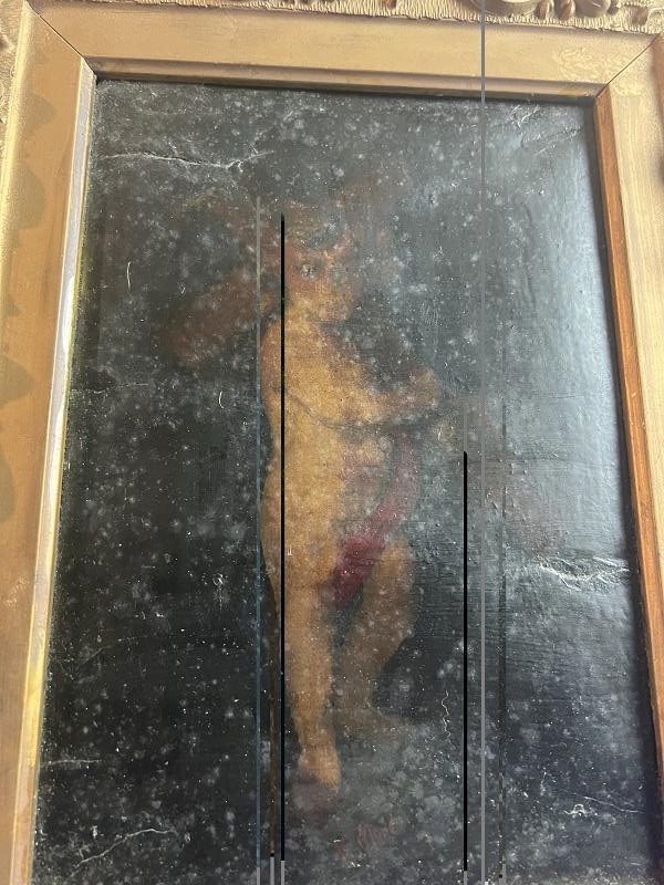 ANTIQUE ORIGINAL OIL PAINTING ON LEATHER ANGEL CARRYING CROSS WITH SCARF