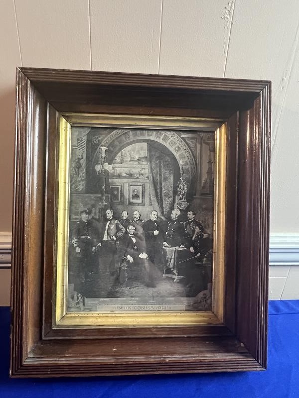 1870'S LINCOLN AND HIS GENERALS LITHOGRAPH PRINT IN ORIGINAL WALNUT FRAME
