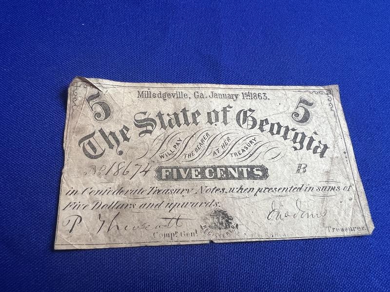 1863 5 CENT STATE OF GEORGIA OBSOLETE NOTE MILLEDGEVILLE GA CURRENCY