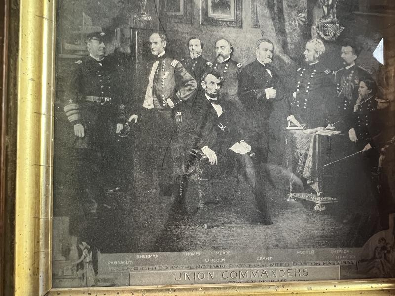1870'S LINCOLN AND HIS GENERALS LITHOGRAPH PRINT IN ORIGINAL WALNUT FRAME
