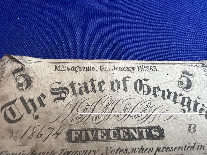 1863 5 CENT STATE OF GEORGIA OBSOLETE NOTE MILLEDGEVILLE GA CURRENCY