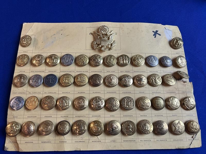 COLLECTION OF ALL USA STATE SEAL COAT BUTTONS AND ARMY NAVY ON ORIGINAL CARD