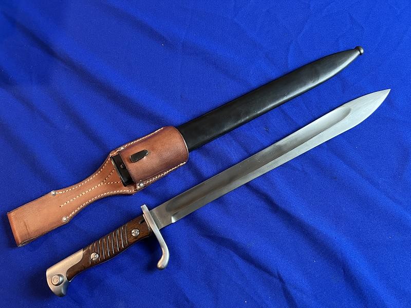 WWI FINE GERMAN S98/05 BUTCHER BAYONET MARKED WKC WITH FROG & SCABBARD