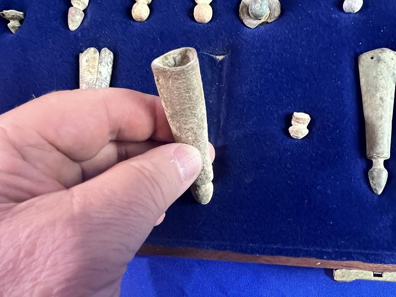 CONFEDERATE COLLECTION OF DUG BAYONET SCABBARD TIPS AND LEAD CARTRIDGE BOX FINIALS