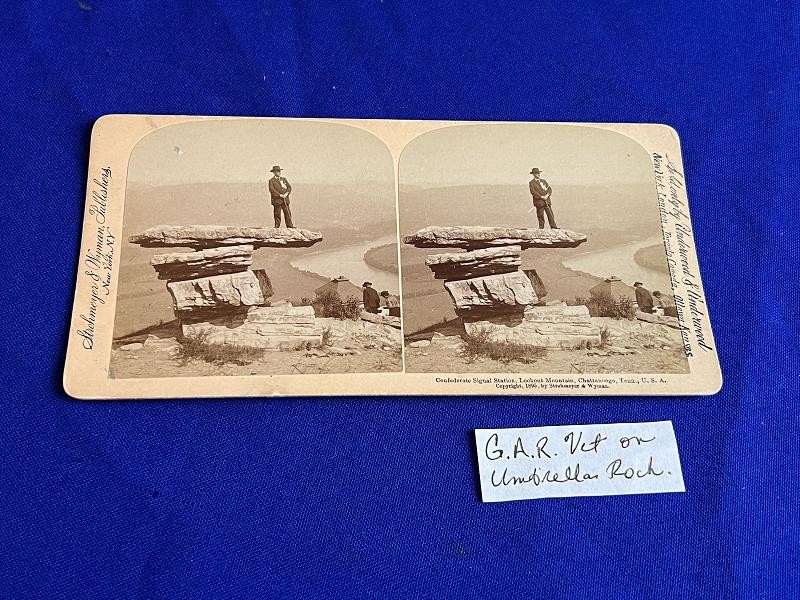 G.A.R. VETERAN ON UMBRELLA ROCK CHATTANOOGA TN STEREOVIEW CARD