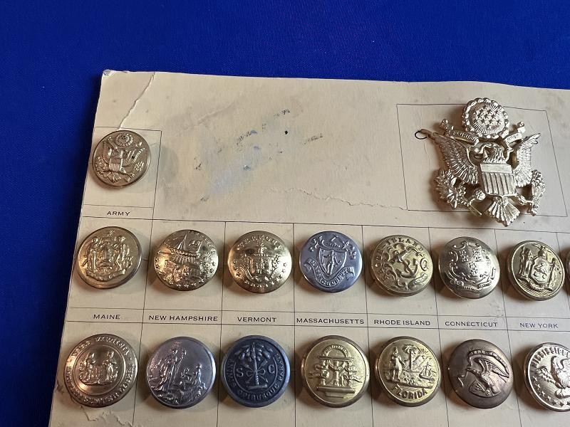 COLLECTION OF ALL USA STATE SEAL COAT BUTTONS AND ARMY NAVY ON ORIGINAL CARD
