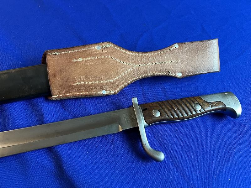 WWI FINE GERMAN S98/05 BUTCHER BAYONET MARKED WKC WITH FROG & SCABBARD