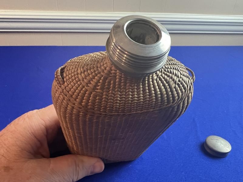 Large Civil War Era Wicker Woven Covered Whiskey Flask