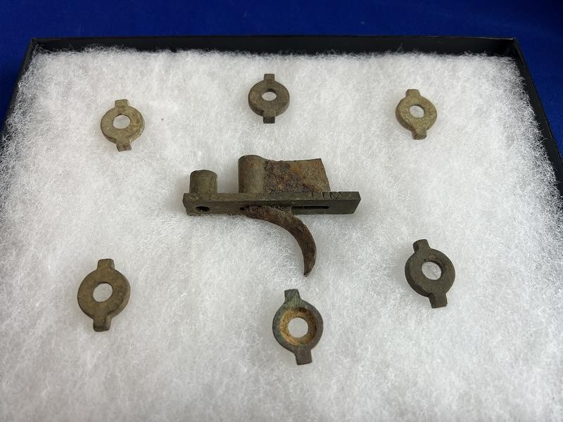 Civil War Dug Enfield Trigger and 6 Brass Lockplate Washers Kolb Farm Marietta Ga